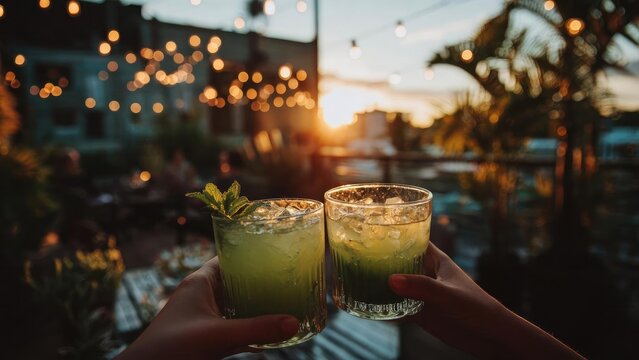 Two green cocktails with mint garnish clink in a sunset rooftop bar, string lights and palm trees in the background. Concept Sunset rooftop drinks, Mint garnish, Clinking glasses - Powered by Adobe