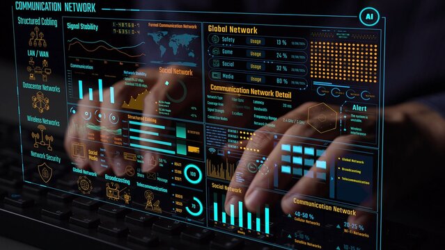 Data center monitoring dashboard visualize network performance, connection status, usage rate, and telecommunication insight. Data center monitoring efficiency improvement network transparency. Thunk