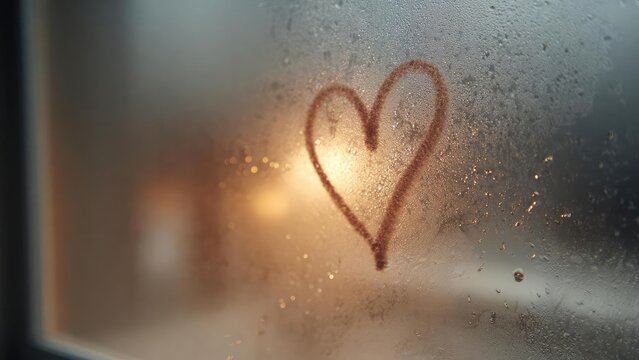 A heart drawn in condensation on a foggy window. Concept Romantic window moment, condensation heart, cozy winter mood, soft light, intimate snapshot