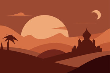 Arabian desert landscape, mosque, palm tree, sunset, flat vector art