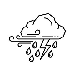 Outline icon of a stormy cloud with wind, rain, and lightning bolt, isolated on