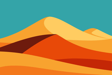 Vast stylized desert landscape with orange sand dunes under blue sky