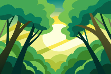 Vibrant green jungle forest canopy with sun rays through trees