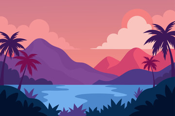 Colorful tropical landscape at sunset with mountains and lake