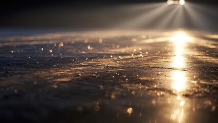 Wet glossy ground with scattered droplets sparkling under a bright spotlight, a golden reflection stretching across the surface. Concept Wet glossy ground under a bright spotlight