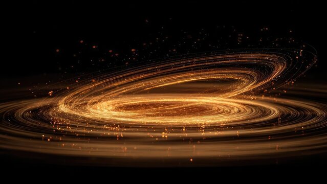 Long exposure image of a glowing golden light spiral with sparks, forming a circular vortex. Concept Long exposure light painting, Golden spiral light, Sparks and glow, Circular vortex photography