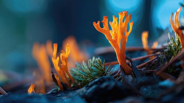 Bright orange coral fungi sprouting from burnt forest floor among pine needles. Concept Fungi Close-Up, Burnt Forest Floor, Orange Coral Mushrooms, Pine Needle Texture, Forest Regrowth