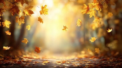 Autumnal Forest Scene With Falling Golden Leaves and Sunlit Path