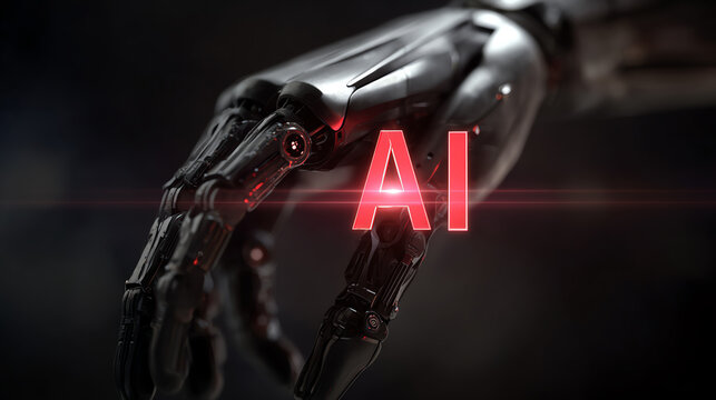 Futuristic robotic hand with glowing AI text, symbolizing artificial intelligence and technological advancement.