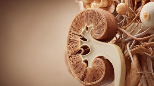 Cross-section of a human kidney showing the renal cortex and medulla with the renal pyramids. Concept Kidney cross-section anatomy cortex medulla and pyramids