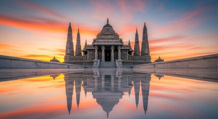 Fototapeta premium Majestic Temple Reflection at Sunset - A Spiritual and Architectural Marvel.