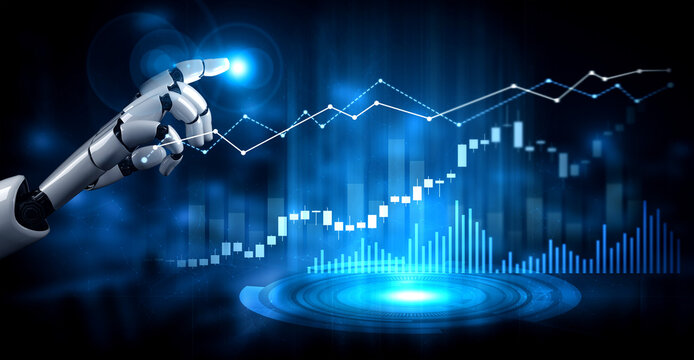 Robotic hand interacts with financial graphs, representing the integration of technology and data in modern business strategies and analytics tools. Scalp