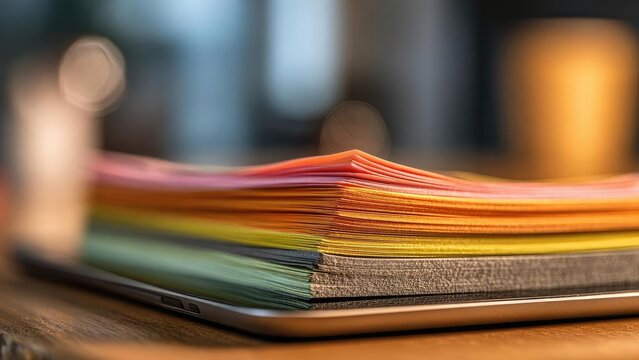 A rainbow stack of colored paper on top of a closed laptop. Concept Rainbow paper stack, Laptop desk flat lay, Colorful paper crafts, Creative office setup, Flat lay photography