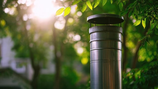 Metal outdoor chimney vent with a cap, surrounded by green leaves and sunlit background. Concept Metal chimney vent, outdoor architecture, leafy greenery, sunlit background, close-up detail