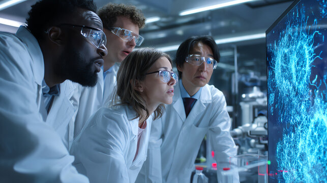 Scientists analyze high-tech data, demonstrating teamwork and innovation in a modern research lab environment.
