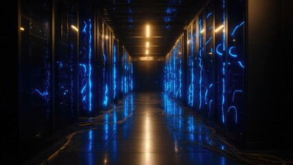 Data center hallway with rows of blue LED server racks and cables sprawled along the floor. Concept Data center hallway, Blue LED server racks, Cables sprawled across the floor