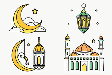 Ramadan Islamic Symbols Crescent Moon Lantern Mosque and Cannon Vector Art Keywords: ramadan, islamic
