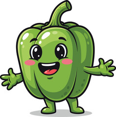 Cute green bell pepper cartoon character with a happy smiling face and open arms.