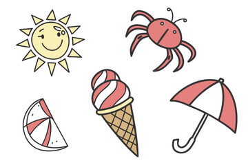 Summer Fun Icons Sun Ice Cream Beach Ball and Umbrella Keywords: summer, fun, icons, sun, smiling sun