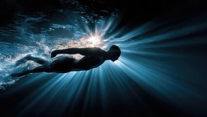 Underwater swimmer gliding through deep blue water as dramatic sunbeams stream from above. Concept Underwater photography, Swim motion, Deep blue ocean, Dramatic sunbeams
