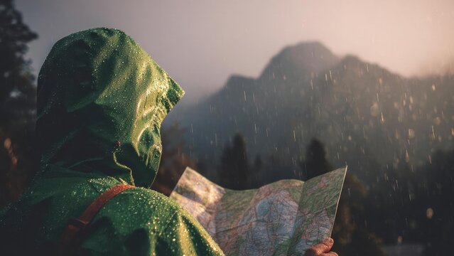 A hiker in a green rain jacket studies a map in the rain with mountains in the background. Concept Rainy hike, Green rain jacket, Map reading in rain, Mountain backdrop, Adventure photography