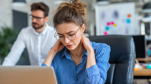 Stressed businesswoman working on a laptop in a modern office environment, showcasing work-related tension. - Powered by Adobe