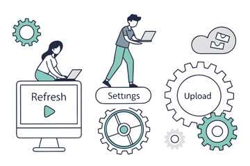 Person with laptop and ladder reaching for cloud icon with house refresh settings