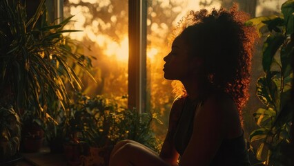 Profile of a woman with curly hair sitting among houseplants, bathed in golden sunset light streaming through a window. Concept Golden sunset light streaming through a window