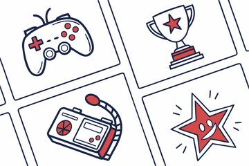 Gaming elements with trophy, controller, and happy face icon video game gamepad