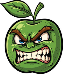 Furious green cartoon apple character with a snarling expression and sharp teeth.