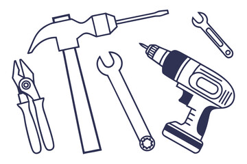 Black and White Illustration of Construction and Repair Tools Keywords: tools, drill, hammer, wrench