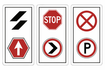Three Vertical Panels of Road Signs with Red and Black Symbols traffic sign stop sign