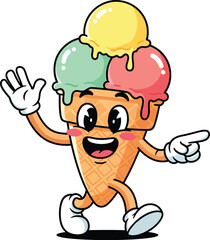 Happy cartoon ice cream cone character with three colorful melting scoops waving and pointing cheerfully.