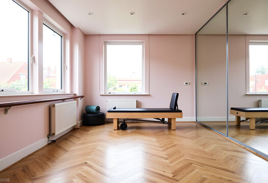 Bright pink pilates studio interior with wooden reformer and mirrors
