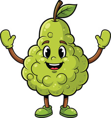 Happy green lumpy pearlike fruit cartoon character with a big smile and raised arms.