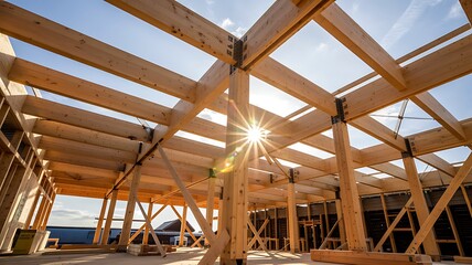 Sunlight streams through the exposed wooden beams and rafters of a modern building under construction creating a warm inviting atmosphere