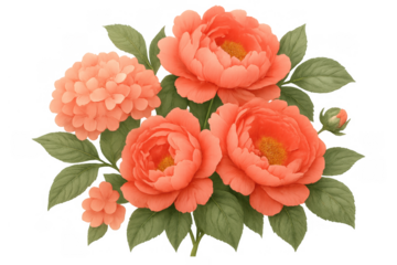 Watercolor peony bouquet with orange flowers and green leaves, floral illustration on transparent background