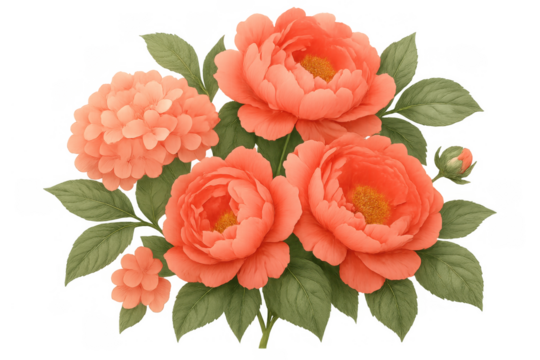 Watercolor peony bouquet with orange flowers and green leaves, floral illustration on transparent background