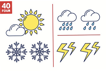 Weather icons sun cloud rain snowflake lightning bolt and text 40 FOUR Keywords: weather, sun