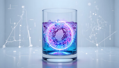 Futuristic water glass with neon glow evokes scientific innovation, technology concept, and refreshing hydration in a modern and sleek presentation