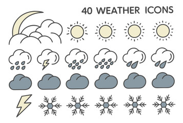 Collection of 40 weather icons sun cloud rain snowflake lightning moon Keywords: weather, sun, cloud