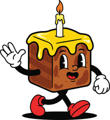 Joyful Square Chocolate Cake Mascot with a Lit Candle Waving.