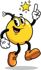 Joyful yellow cartoon bomb mascot in a retro style pointing up with a sparkling eureka star.