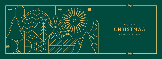 Fototapeta na wymiar Line art Christmas holiday greeting card on emerald green background. Vector illustration