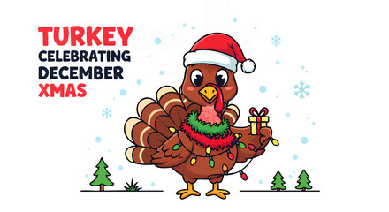 A cartoon turkey wearing a Santa hat and Christmas lights, holding a small gift, celebrating the holiday season in December.