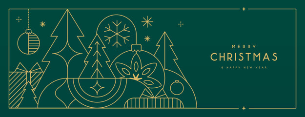 Line art Christmas holiday greeting card on emerald green background. Vector illustration