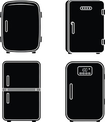 Modern mini fridge and compact double door refrigerator black silhouette vector icon set with digital temperature displays.