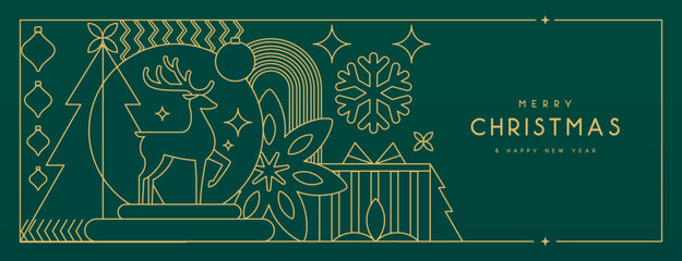 Obraz premium Line art Christmas holiday greeting card on emerald green background. Vector illustration