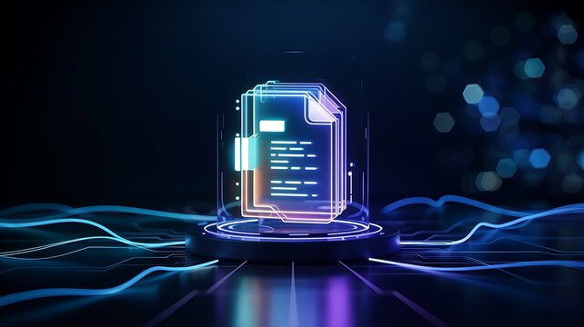 Futuristic glowing digital document or data file displayed in a holographic interface with abstract blue light trails on a dark background