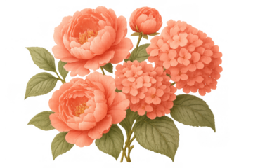 Peony and hydrangea bouquet illustration, creating a vintage botanical watercolor with delicate spring blooms